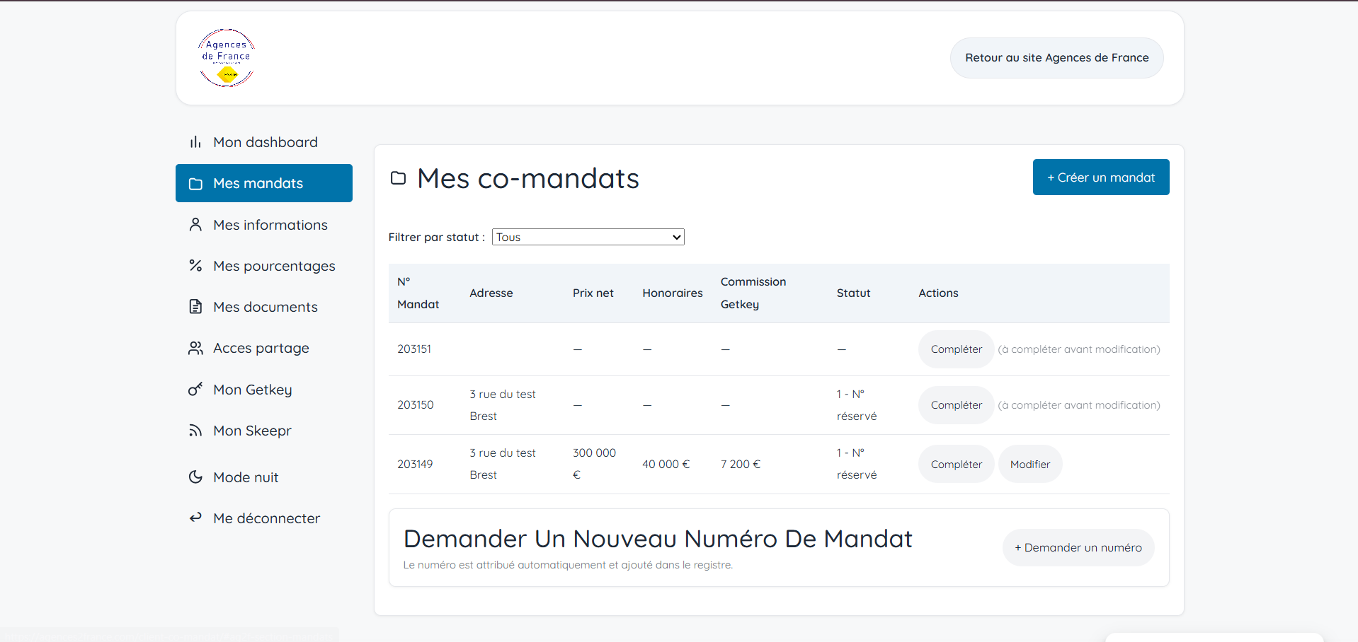 Liste des mandats client