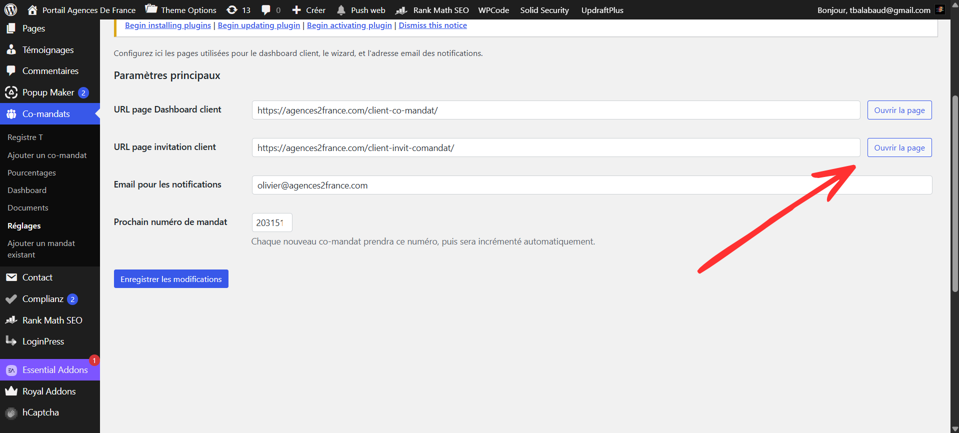 Bouton d’ouverture de la page invitation client