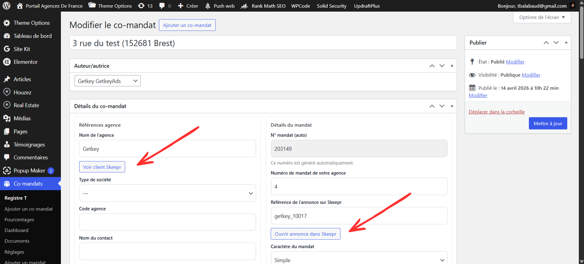 Page de modification du mandat